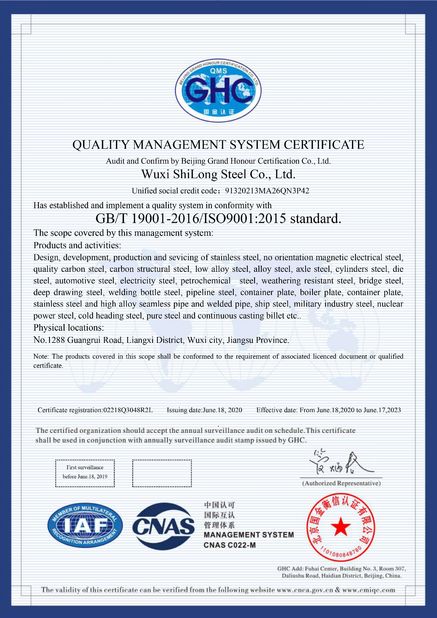 TRUNG QUỐC Wuxi ShiLong Steel Co.,Ltd. Chứng chỉ
